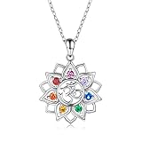 Chakra Yoga Lotus Flower Necklace 925 Sterling Silver Om Ohm Symbol Crystal Pendant Necklace Spiritual Jewelry Gift for Women Girls (Chakra Lotus Flower Necklace)