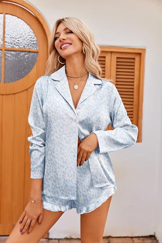 Image of Ekouaer Womens Satin Pajama Sets Long Sleeve Top and Shorts Lounge Set Button Down Sleepwear