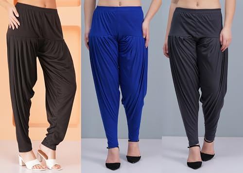 Image of Buy That Trendz Womens Patiala Pants Dhoti Patiyala Salwar Harem Viscose Bottoms Pants Pack of 3 Black-Royal Blue-Dark Grey L