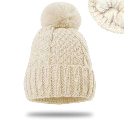 FOSDICK Gorros Invierno Mujer, Sombrero de Punto, Gorro de Invierno, Cálido Grueso con Pompón, Tejida Gorra, Suave Forro Esquí Bobble Beanie, Holgado, Cómodo Slouchy(Blanquecino)