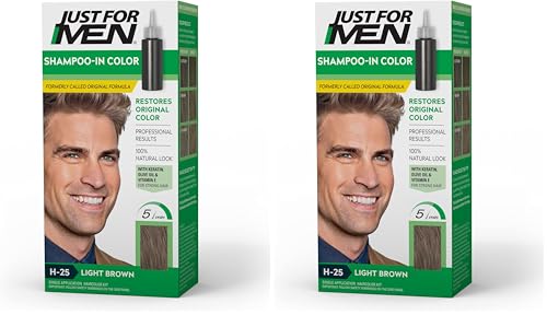 Just For Men Shampoo-In Color (Formerly Original Formula), Mens Hair Color with Keratin and Vitamin E for Stronger Hair - Light Brown, H-25, Pack of 2