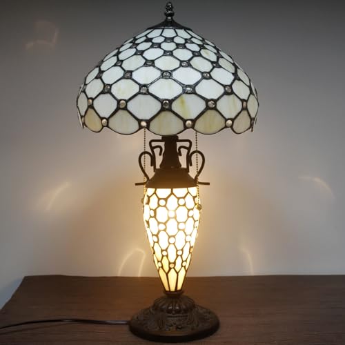 Image of WERFACTORY Tiffany Style Table Lamp Cream Stained Glass Crystal Bead Lamp