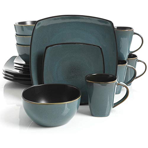 Gibson 116355.16 16-Piece Embossed Glazed Dinnerware Set with Plates, Bowls, and Mugs, Microwave and Dishwasher Safe, Teal and Black