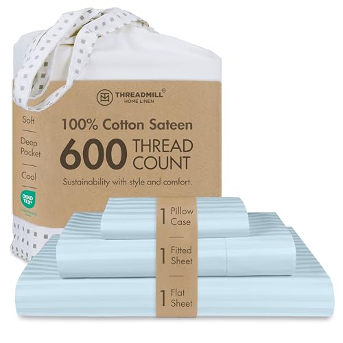 Image of Threadmill 100% Cotton Sheets for Twin Size Bed - 600 Thread Count Twin Bed Sheets Set with 15 inch Deep Pocket - Damask Stripe Sateen Weave 3-Piece Bedding Set with Cooling Effect, Blue