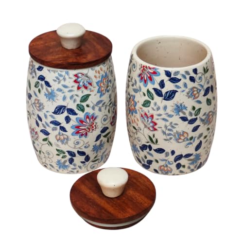Image of Vistas 'Blue Bloom' Set of 2 Airtight 420ml Ceramic Jar for Kitchen Storage | Handcrafted Ceramic Barni with Wooden Lid | Multipurpose Pickle, Spice & Salt Container