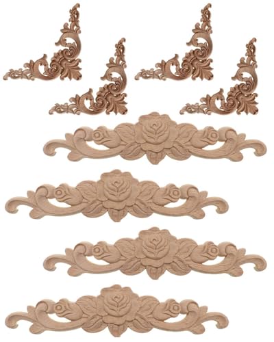 KGDUYC 8 PCS Fregio Legno, Fregi in Legno Decorativi per Mobili per Mobili Letto Porta Finestra Decorazione Fai da Te Fatta a Mano (4 Ornamenti d'Angolo, 4 Ornamenti in Legno a Parete Lunga)