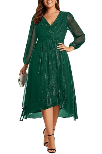 Image of Talisea Plus Size Cocktail Dress - Formal Wedding Guest Fall Long Sleeve A Line Pleated V Neck Midi Dresses for Curvy Women