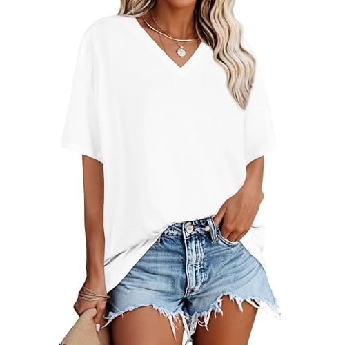 Oversized Tshirts for Women V Neck Short Sleeve Summer Casual Basic Loose Tops, Pure White, S