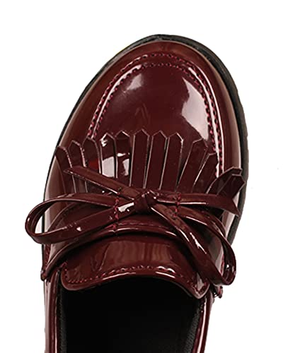 Wuiwuiyu Girls Patent Leather Slip-On Penny Loafers Flats Bow Tassel Oxfords Moccasins Dress Shoes Burgundy Size 10 #TOP4