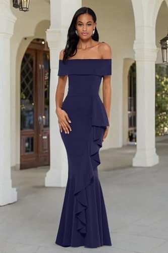 Image of Betsy & Adam Women's Women's Long Off Shoulder Cascade Ruffle Stetch Scuba Crepe Gown