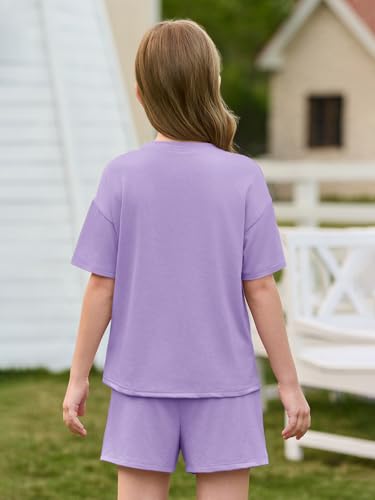 Image of Haloumoning Girls Summer 2 Piece Outfits Kids Oversized T Shirts and Shorts Clothing Sets 5-14 Years