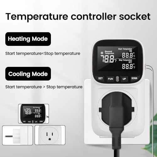 Image of Diymore Digital Plug in Thermostat Outlet Temperature Controller Electric Digital Thermostat Heating Cooling Mode Timer Socket 120V Heating Cooling Control 110V 15A Celsius Fahrenheit Display, White