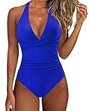 SUUKSESS Women Sexy Tummy Control One Piece Swimsuits Halter Push Up Monokini Bathing Suits (Royal Blue, XL)