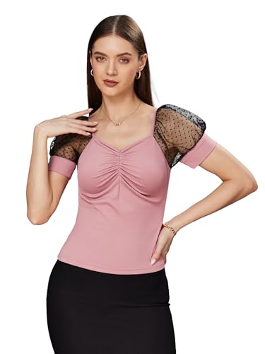 Miss Chase Women's Solid V-Neck Short Sleeve Relaxed Fit Regular Top (MCSS23TP99-48-267-03, Dusty Pink & Black, S)