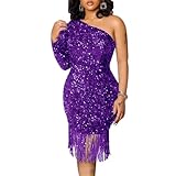 dasmzper Women Sexy Sequin One Shoulder Long Sleeve Tassel Hem Bodycon Midi Dress Party Cocktail Dress Purple