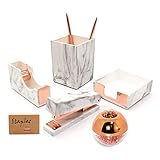 Marble Rose Gold Office Supplies Desk Organizer Set- Stapler, Magnetic Paper Clips Holder, Tape...