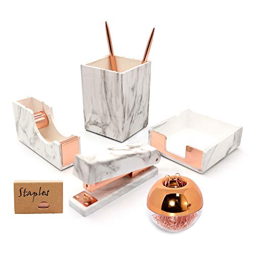 Marble Rose Gold Office Supplies Desk Organizer Set- Stapler, Magnetic Paper Clips Holder, Tape Dispenser, Pencil Pen Holder, Sticky Notes Memo Holder Desktop Accessories Organization