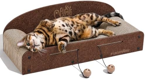 FUKUMARU Kratzbrett Katzen, 66CM langlebiges Kratzpappe und Filz, große Liege, 2 wendbare Katzenkratzpads für Katzen, recycelbares Katzenkratzbett aus Wellpappe mit Glockenballspie