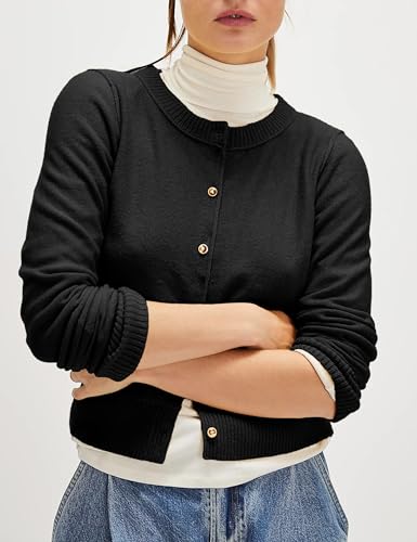 LTSCNRM Women's Lightweight Ribbed Soft Knit Round Neck Cardigan Sweater Classic Open Front Jacket with Buttons Casual3
