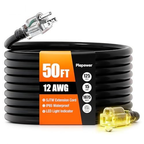 Outdoor Extension Cord 50 FT Waterproof 12/3 Gauge Heavy Duty 3 Prong Power Cord with Lighted Indicator End 15A 125V 1875W SJTW ETL Listed Great for Lawn/Garden/Home(Black)