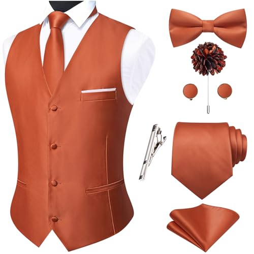 Hi-Tie - Hi-Tie Burnt Orange Vest for Men - Solid Suit Vest for Wedding and Formal Party Sets - Best Deal on Amazon