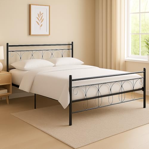 Image of Kovu Metal Queen Size Bed Without Storage | Wrought Iron Double Bed with Headboard & Footboard | Sturdy Powder Coated Platform Bed Queen Size Cot for BedroomLivingRoom Black (75x60)