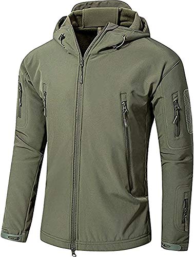 OLOEY Giacca Tattica in Pile Softshell da Uomo Felpa Militare Mimetica con Cappuccio Autunno Inverno Giacca in Pile da Esterno Giacca da Sci Calda Antivento Impermeabile (Green,S)