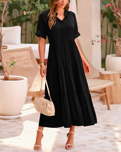 dowerme Women's Summer Dresses 2025 Casual Short Sleeve Button Loose Fit Pleated Boho Flowy Swing Long Beach Sun Dress2