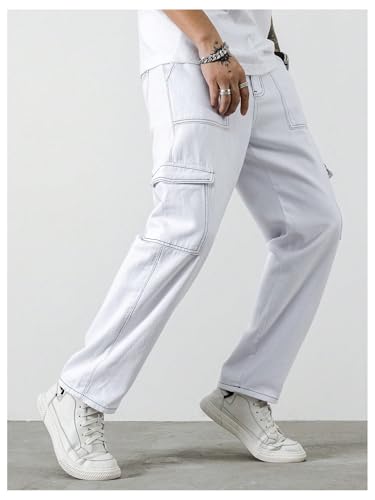 WDIRARA Men's High Waisted Contrast Stitching Cargo Jeans Denim Pants with Pockets3