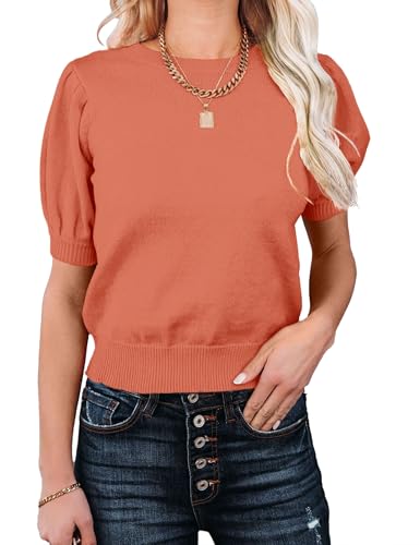 Image of Womens Puff Short Sleeve Sweater Tops Crewneck Basic Knit Pullover Lightweight Casual Sweaters