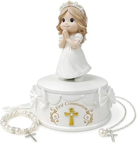 Kommunion Geschenke für Mädchen - Erstkommunion Geschenke Mädchen Set mit Figur Erinnerungsbox Perlenarmband Kreuzkette Grußkarte & DIY-Deko 8pcs Erstkommunion-Erinnerungsbox & Kommunion-deko