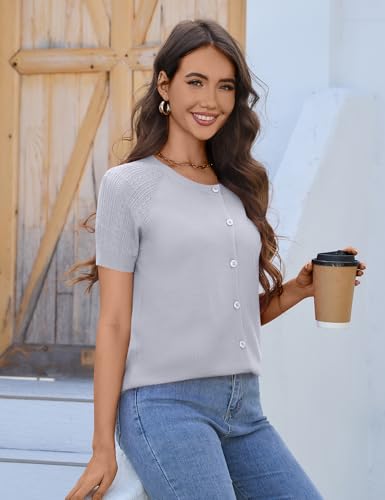 Image of FreshNight Women's 2025 Short Sleeve Cardigan Button Up Hollowed Out Crewneck Shrug Sweaters Knit Sweater Tops Lightweight