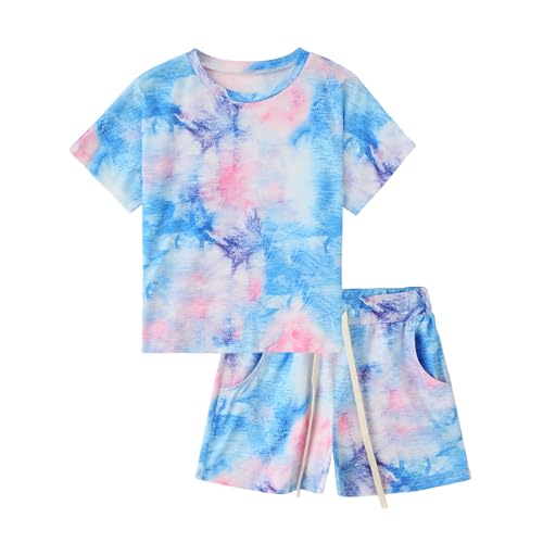 Image of Girls Short Sets Shorts and Crop Top Set, Short Sleeve T-Shirt and Shorts Summer Outfits for Girls Kids Tie Dye Shirt, 8-9 Years, A Blue