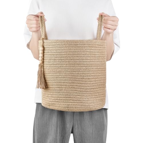 Mkono Woven Storage Basket Decorative Natural Rope Basket Wooden Bead Decoration for Blankets,Toys,Clothes,Shoes,Plant Organizer Bin with Handles Living Room Home Decor (Brown, 28 x 28cm) by Mkono - Image 7