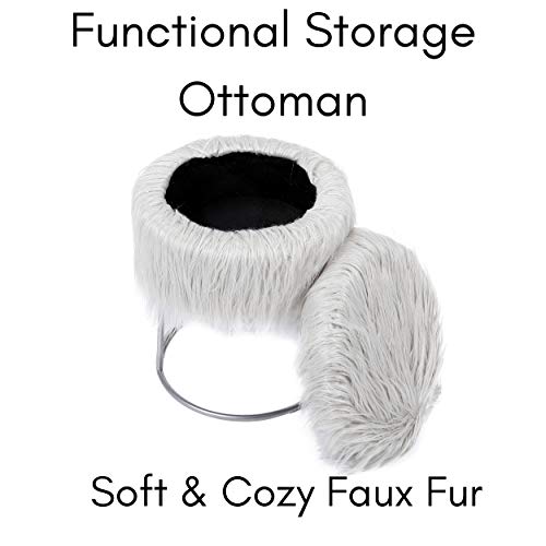 Birdrock Home Round Grey Faux Fur Foot Stool Storage Ottoman With Silver Legs - Vanity Chair - Soft Compact Padded Seat - Bedroom And Kids Room Chair - Metal - Fluffy Makeup Seat #TOP2