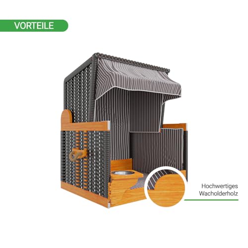 Woodtex Hundestrandkorb Kieferholz |Hundehütte anthrazit inkl. Schützhülle schwenkbarer Wasser-/Futternapf|Sonnenschutz Hunde und Katzen |Rattan Schwarz mit weißen Nadelstreifen
