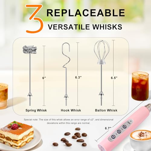 Image of YUSWKO Pink Milk Frother Handheld with 3 Heads, Coffee Whisk Drink Foam Mixer with USB Rechargeable 3 Speeds, Electric Hand Frother for Latte, Cappuccino, Hot Chocolate, Egg