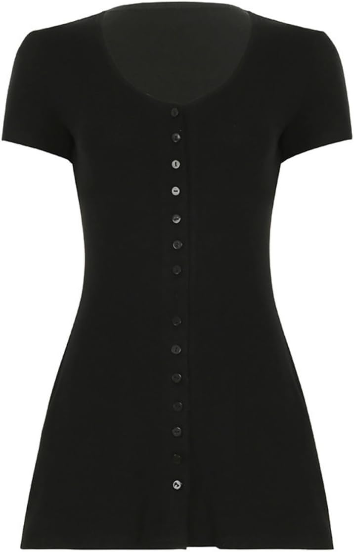 Women Elegant Y2K Deep V Neck Button Down Knitted Mini Dress Slim Fit Short Sleeve Flowy Going Out Short Dress - Image 4
