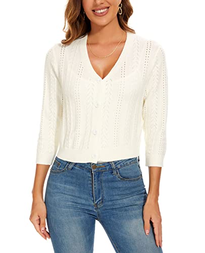 Mintlimit Women's Cardigans Shrugs For Dresses 3/4 Sleeve Cardigan V Neck Button Front Sweater Lightweight (White, Size M) #TOP4