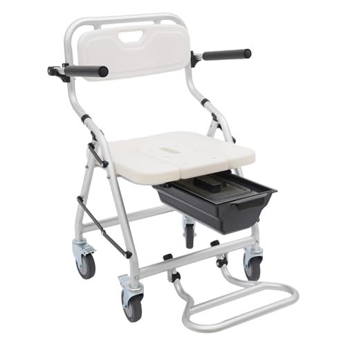 Chaise de douche WC avec roulettes, chaise de toilette pliante avec seau, dossier, fauteuil roulant avec repose-pieds et accoudoirs relevables, capacité de charge de 150 kg