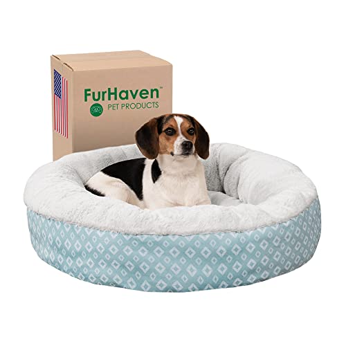 Image of Furhaven 30 inch Round Donut Dog Bed for Medium /Small Dogs, Refillable w / Removable Washable Cover, For Dogs Up to 45 lbs - Plush & Diamond Print Donut Bed - Aqua, Medium