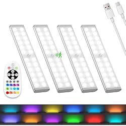 Under Cabinet Lights Wireless, 58-LED Rechargeable Motion Sensor Closet Lights with Remote Control, RGB Color Changing Under Counter Lights for Kitchen, Pantry, Bedroom, Stairs, 4 Pack
