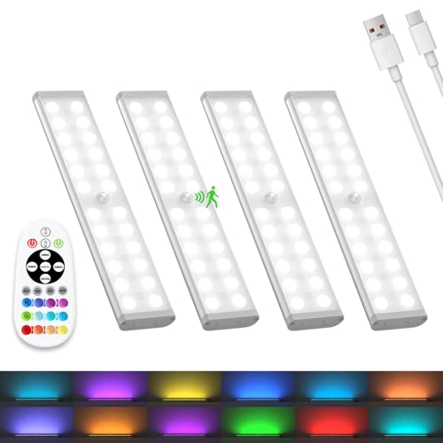 Image of Under Cabinet Lights Wireless, 58-LED Rechargeable Motion Sensor Closet Lights with Remote Control, RGB Color Changing Under Counter Lights for Kitchen, Pantry, Bedroom, Stairs, 4 Pack