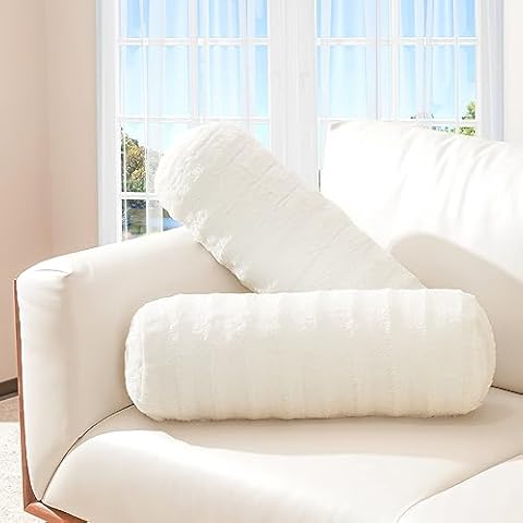 Cheer Collection Faux Fur Cylinder Pillows - Decorative Bolster Pillows for Couch & Accent Pillows for Bed, Machine Washable - 8” x 24” (2pk), White Cover