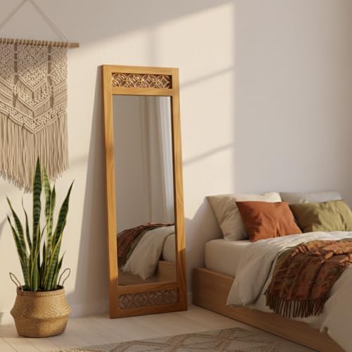Image of APRODZ Floor Mirror Full Length with Solid Sheesham Wood Frame | Rectangular Standing Mirror for Bedroom Living Room Hallway and Dressing Area | Full Length Dressing Mirror, Natural Wooden