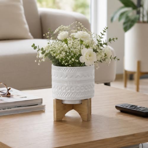 Tribal Look Footed Decorative Planter Pot – Ceramic Stoneware Outdoor and Indoor Plant Pot – Modern Garden and Home Decor Ceramic Planters with Wooden Stand– 8", White