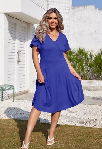 Image of Women's Plus Size Summer Dresses V Neck Ruffle Short Sleeve Casual Wrap A Line Midi Dress with Pockets