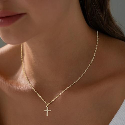 Cross Necklace for Women 14K Real Gold/Silver Plated Dainty Small CZ Cross Pendant Simple Choker Necklace Trendy Cute Sideways Cross Box Chain Necklace Easter Christian Baptism Religious Faith Jewelry Gift2
