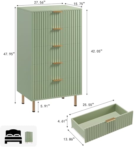 5 Drawer Dresser for Bedroom, 48" Tall Modern Chest of Drawers with Deep Drawers and Wide Top, Fluted Wooden Dresser Organizer for Living Room, Hallway, Kids Room, Green