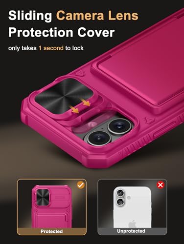 Image of Vihibii PC,Silicone For iPhone 16 Plus Case Wallet With Card Holder(4 Cards)[RFID Blocking] & Slide Camera Cover & Raised Edges Protect Screen,Shockproof Rugged Phone 5G 6.7 inch 2024,Pink
